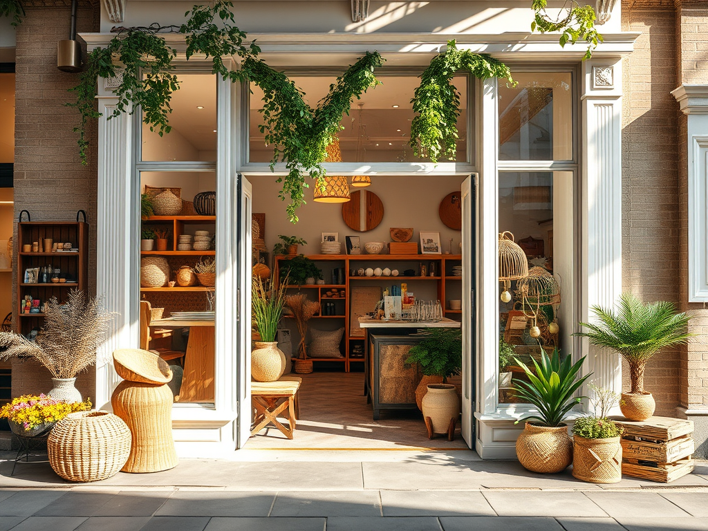Vegan shop interior with natural decor, wooden shelves, and potted plants, promoting sustainable shopping.