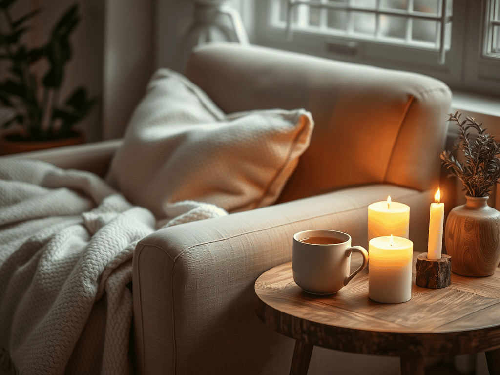 Cozy living room with candles and a warm drink on a round wooden table Next to a comfortable beige sofa and pillows for a relaxing atmosphere.