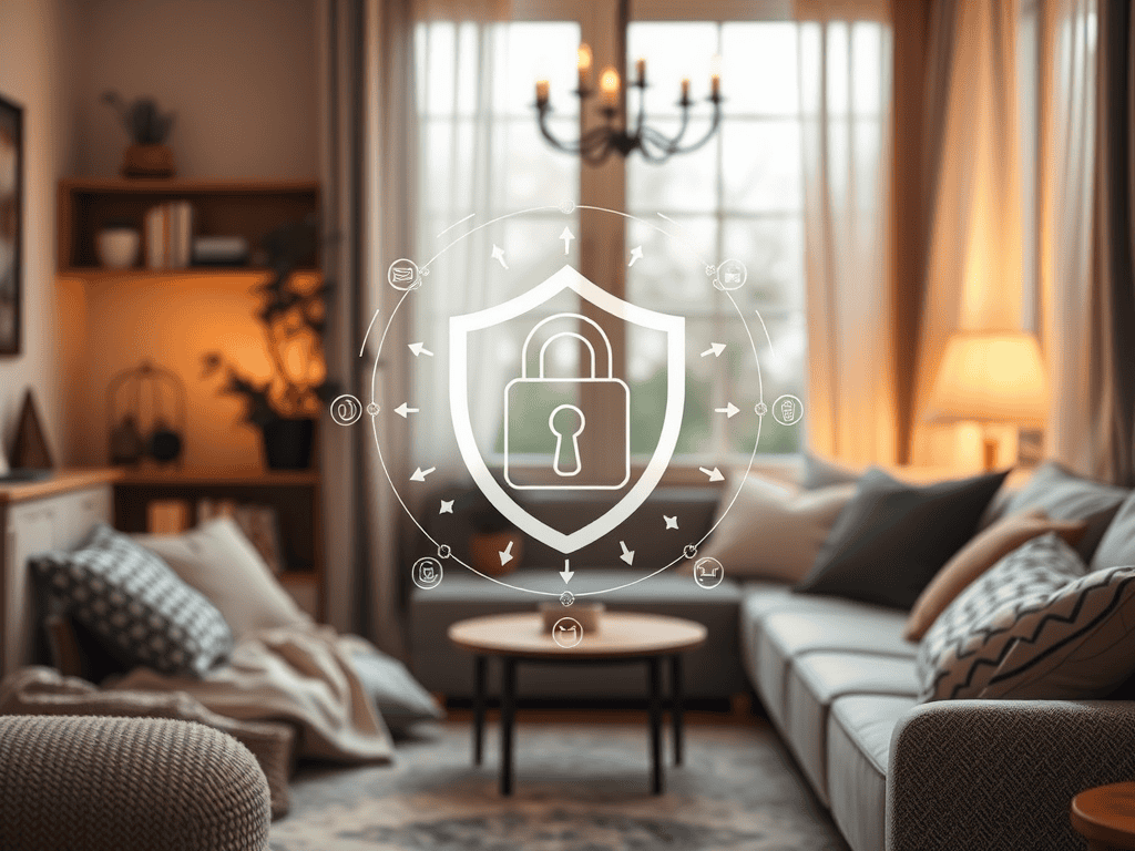Digital lock and privacy shield icon over cozy living room background.