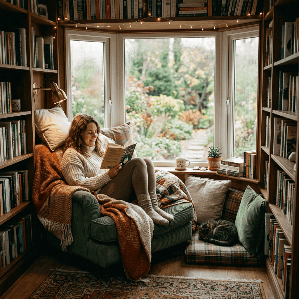 Woman reading a book in a cozy nook next to a window with a garden view and a sleeping cat nearby