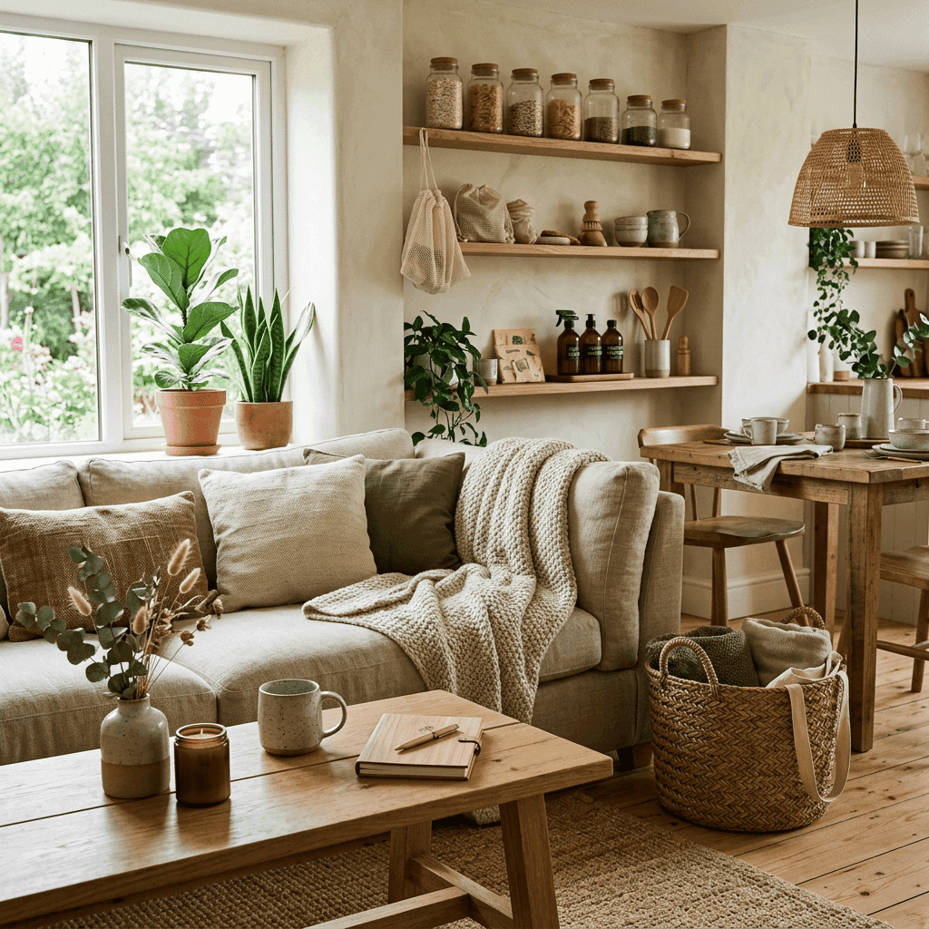 Living room with beige sofa, knit blanket, wooden coffee table, potted plants by window, and wooden dining table with chairs and tableware