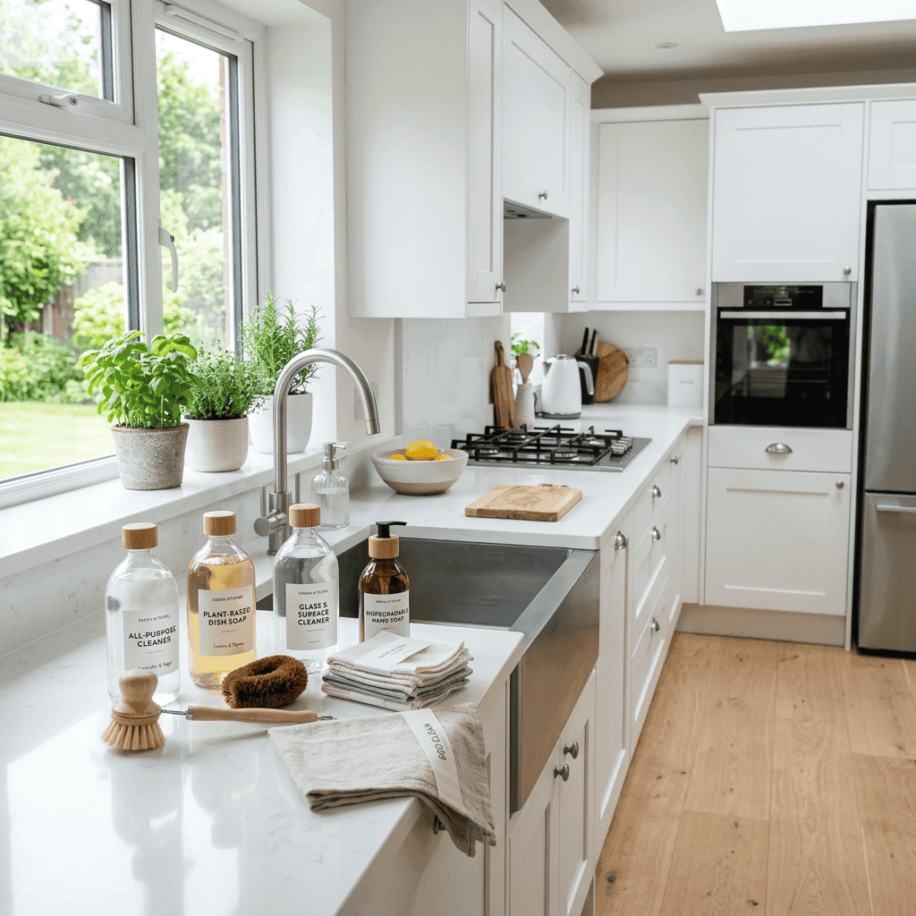 Modern white kitchen counter with plants, cleaning bottles, dish brush, and stainless steel sink