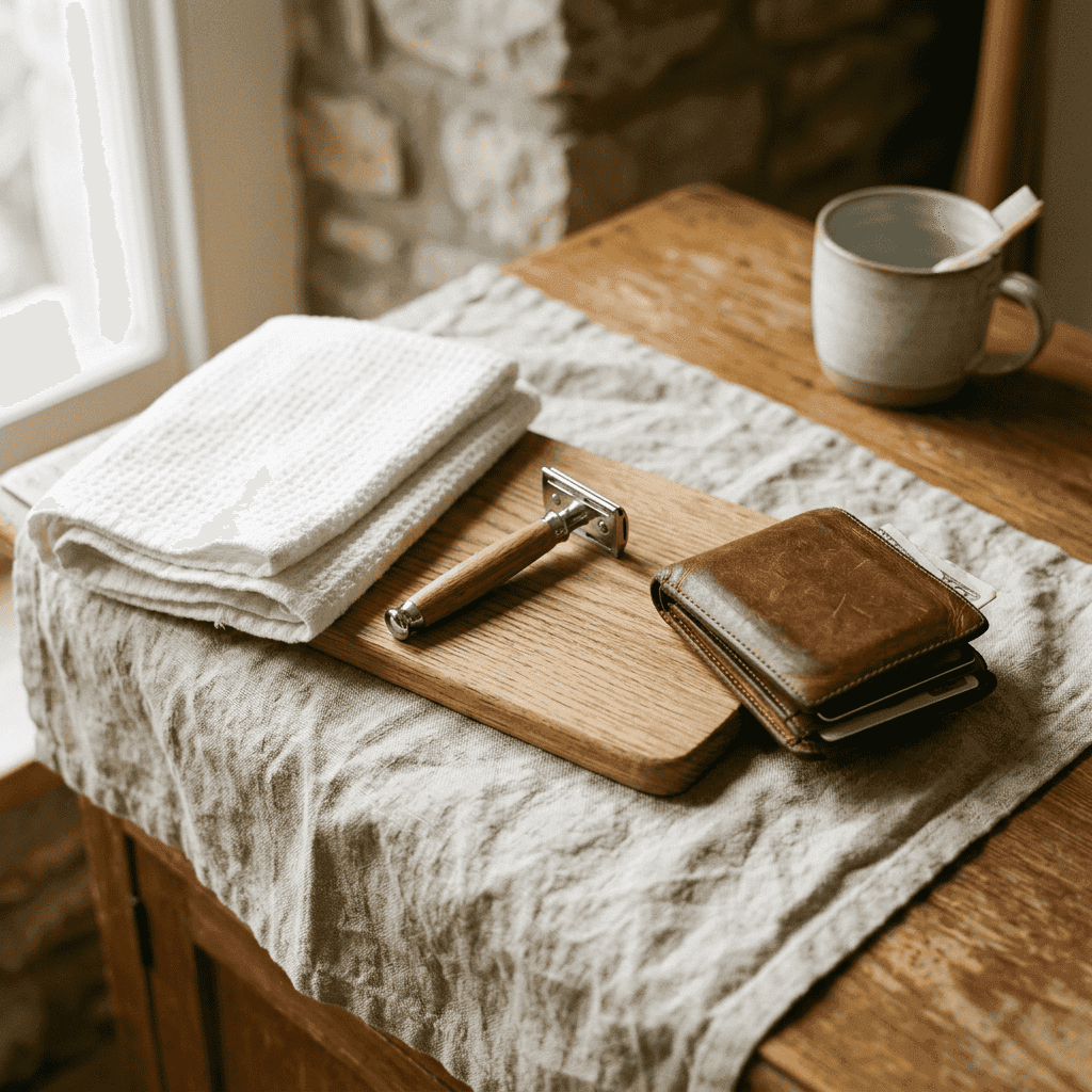 Razor, brown leather wallet with cash, folded white towel, and ceramic mug on wooden table