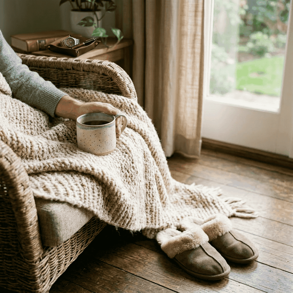 Person wrapped in beige chunky knit blanket holding a speckled ceramic coffee mug, wearing slippers indoors