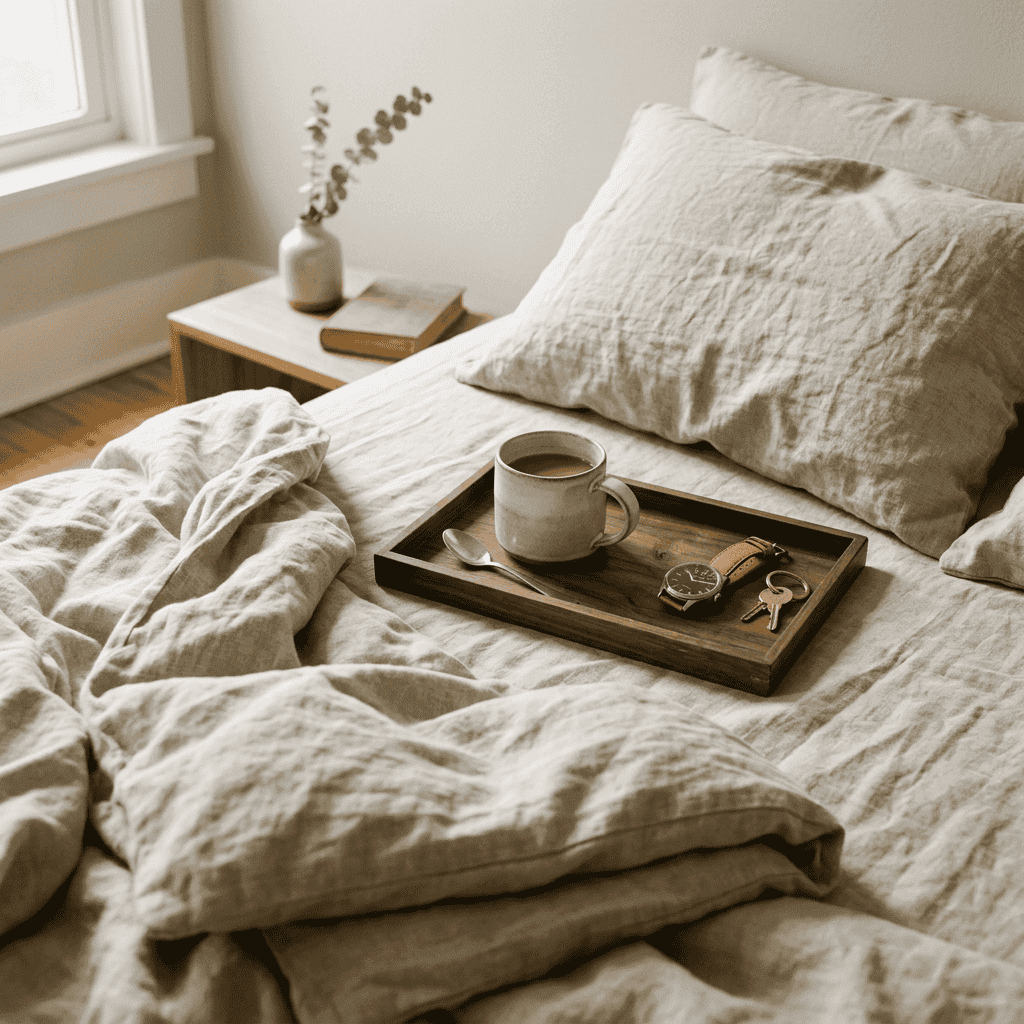 Wooden tray holding a coffee cup, wristwatch, and keys on a beige bed with pillows and blanket.