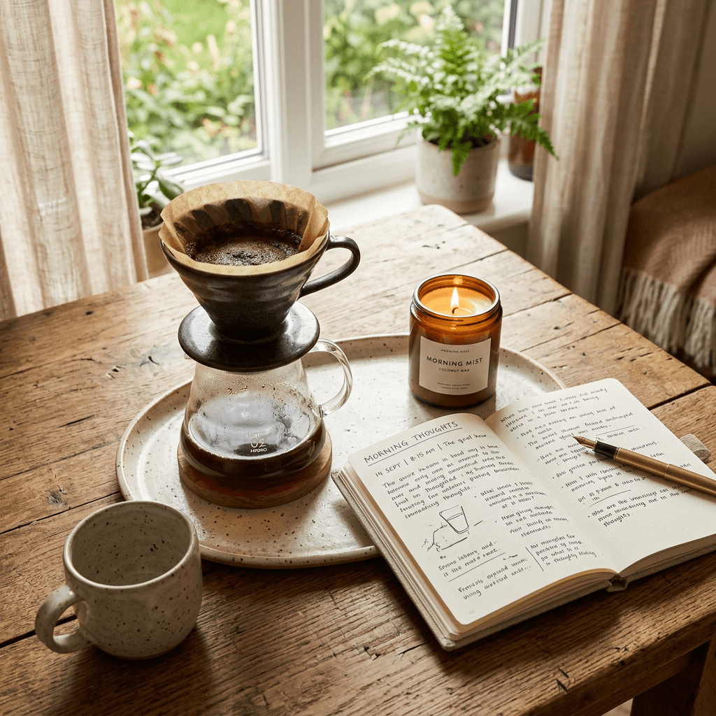 Pour-over coffee setup, lit candle, and open journal with handwritten notes on a wooden table
