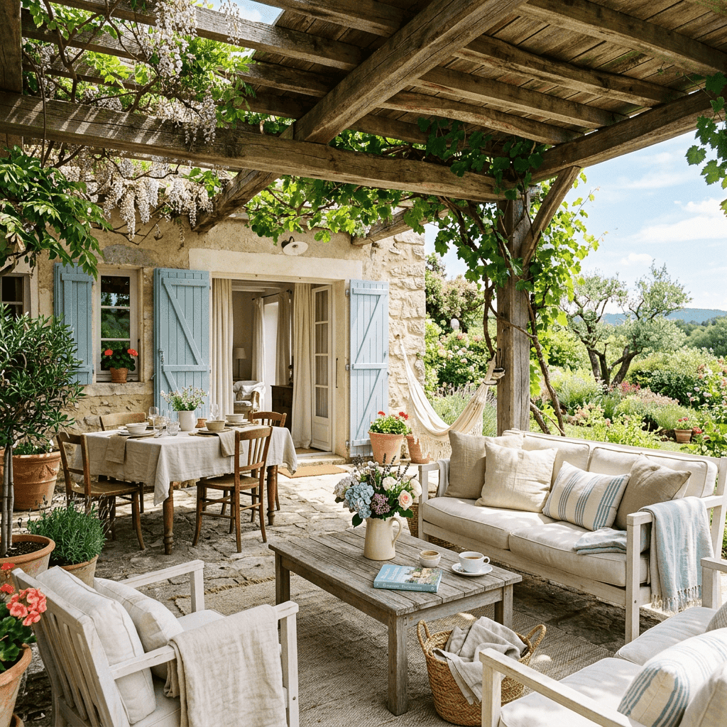 Outdoor patio with wooden chairs, table, floral decorations, and a hammock under a wooden pergola