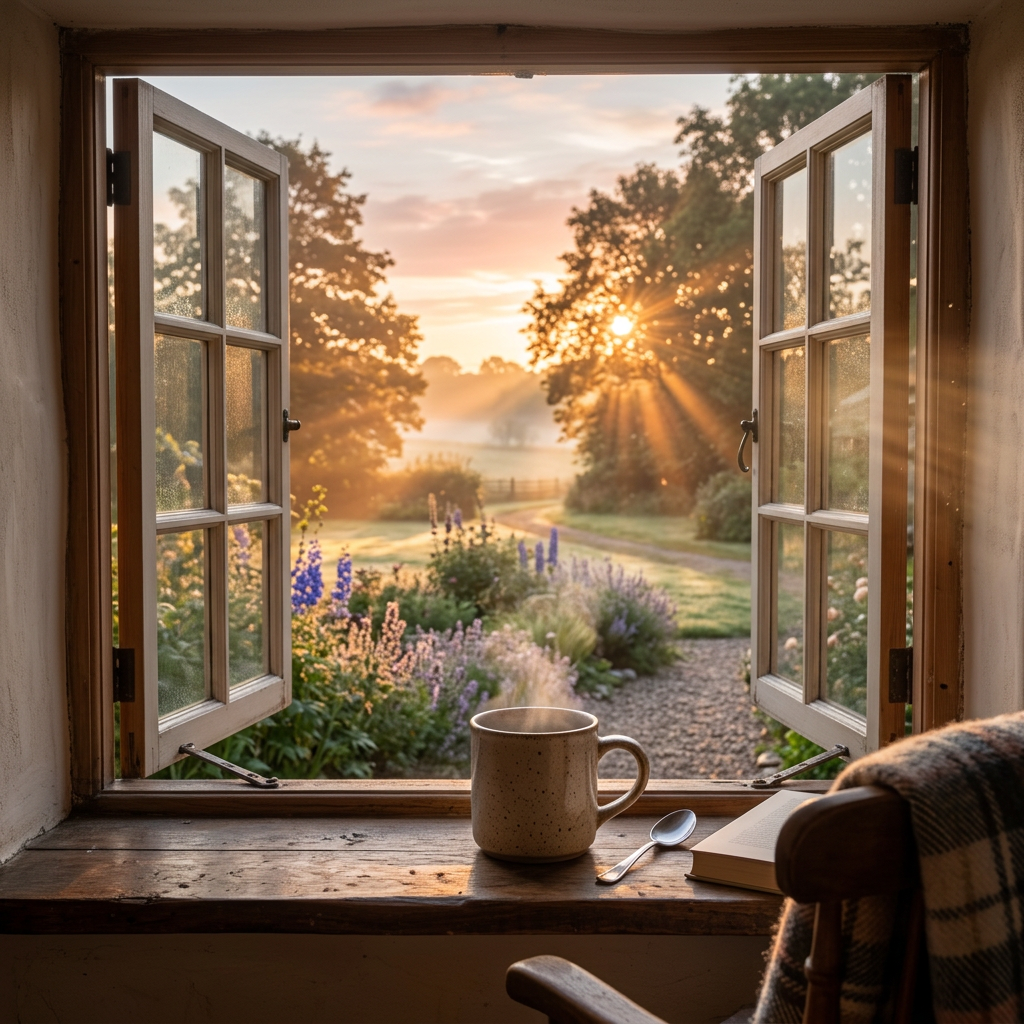 Open window with view of sun rising over garden with flowers and trees